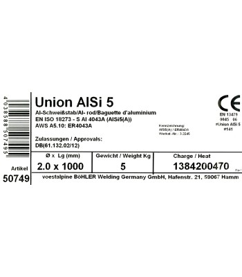 Bohler tig drut spawalniczy pręt alsi5 4043 aluminium 2.0x1000/opk. 5kg (cena za 1kg)