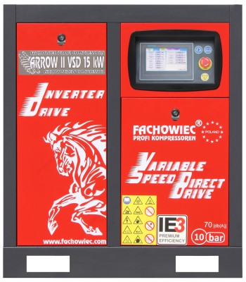 Sprężarka śrubowa profi kompressoren arrow ii 15 kw vsd 720-1800 l/min 10 bar 400v napęd bezpośredni
