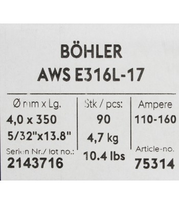 Bohler mma elektroda spawalnicza chromowo-niklowa 316l 4.0x350/4.7paczka/18.8karton (cena za 1 paczkę)