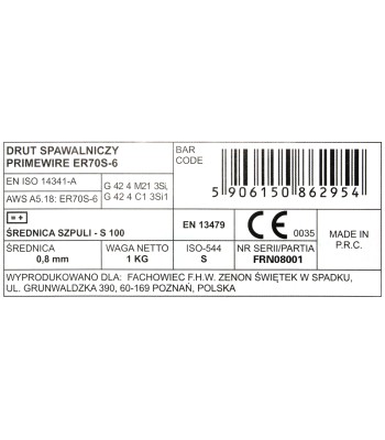 PrimeWire MAG drut spawalniczy ER70S-6 G3Si1 SG2 0.8mm 1kg S100 szpula plastykowa.