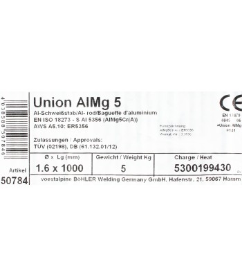 Bohler TIG drut spawalniczy prêt AlMg5 5356 aluminium 1.6x1000/opk. 5kg (cena za 1kg)