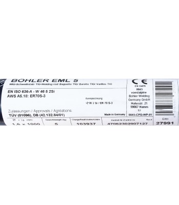 Bohler TIG drut spawalniczy prêt EML5/W2Si/ER70S-3 stal niskostopowa 1.6x1000/opk. 5kg (cena za 1kg)
