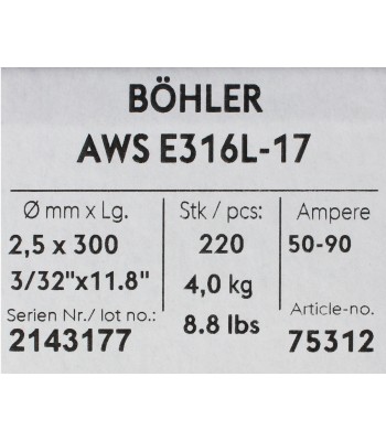 Bohler MMA elektroda spawalnicza chromowo-niklowa 316L 2.5x300/4.0paczka/16.0karton (cena za 1 paczkê)