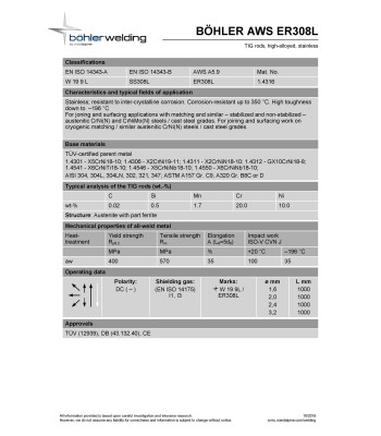 Bohler TIG drut spawalniczy prêt TIG 308L chromowo-niklowy 1.2x1000/opk. 5kg (cena za 1kg)