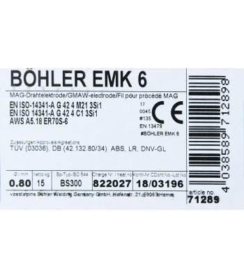 Bohler MAG drut spawalniczy EMK6 ER70S-6 G3Si1 12.50 0.8X15kg szpula (cena za 1 szpulê)